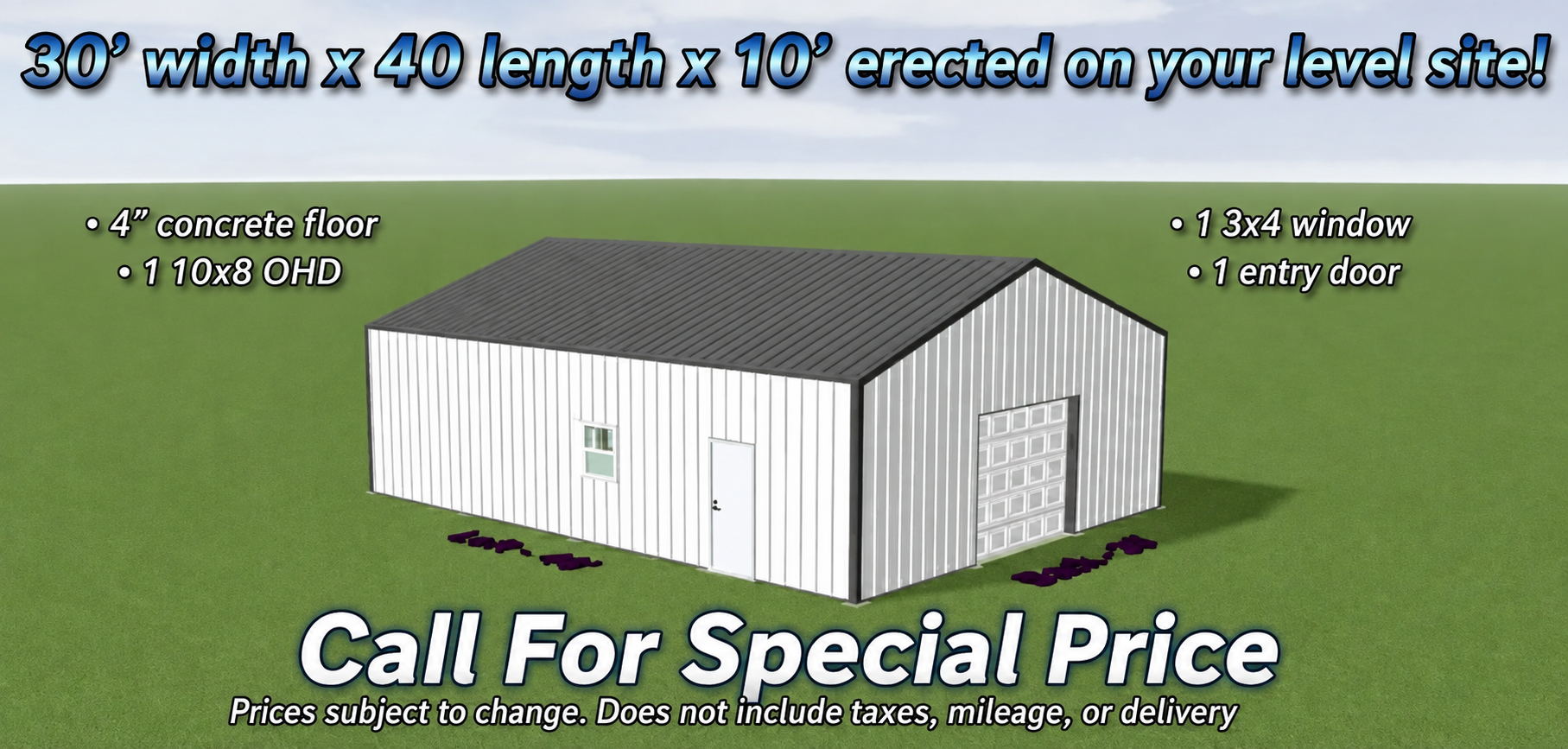 A digital rendering of a 30' x 40' x 10' metal building for sale for $28,300, including a concrete floor and accessories.