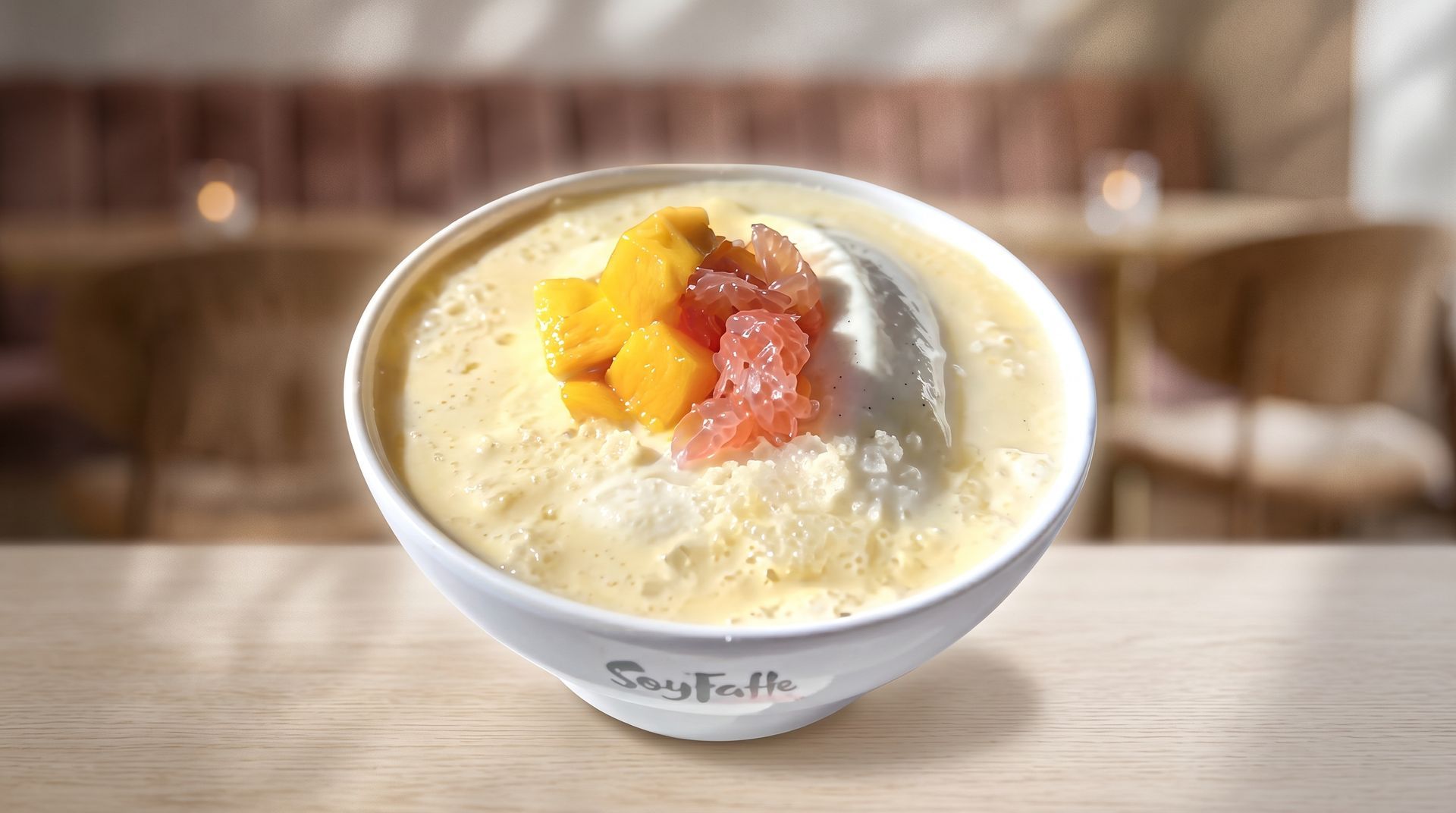 Bowl of creamy dessert topped with fruit on a table, with a softly blurred café background.