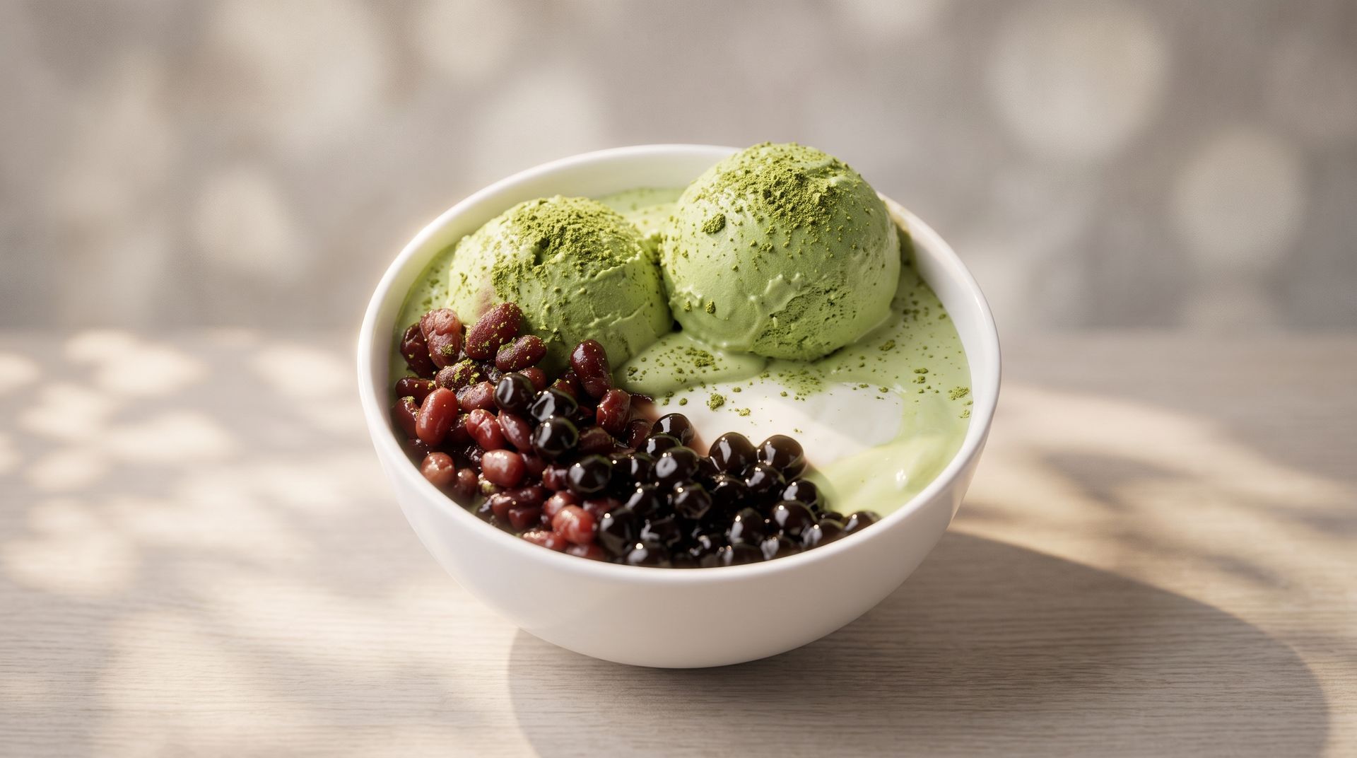Bowl of green ice cream topped with red and dark berries on a light table