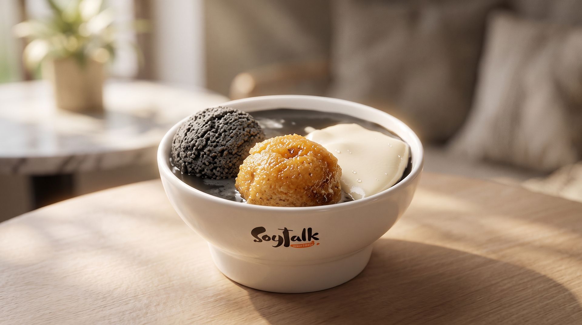 Bowl of ice cream with black and vanilla scoops and a golden cookie ball on a sunlit table