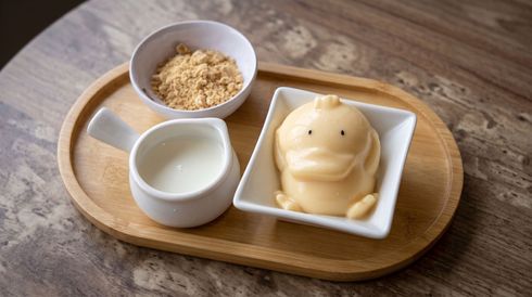 Dessert tray with a smiling mango pudding, milk, and crumbled topping on a wooden table
