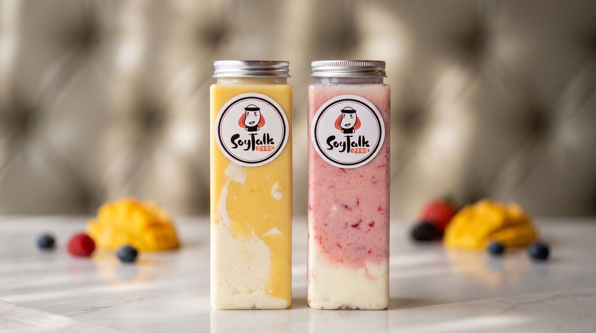 Two chilled dessert drinks in clear bottles, one yellow and one pink, on a tabletop with blurred fruit behind.