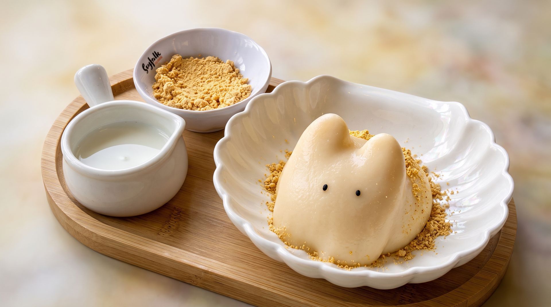 White bunny-shaped dessert on a plate with cereal crumbs, beside two small bowls on a wooden tray