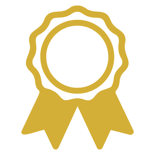 Gold award ribbon icon with scalloped seal and two hanging tails