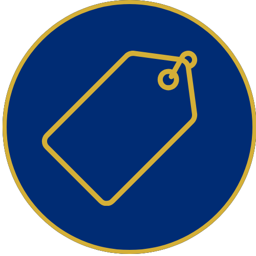 Blue circular icon with a yellow price tag outline
