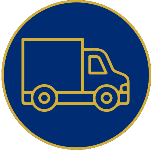 Blue circular sign with gold outline of a delivery truck