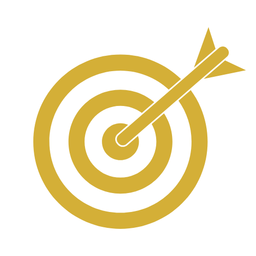 Gold target with an arrow hitting the center on a white background