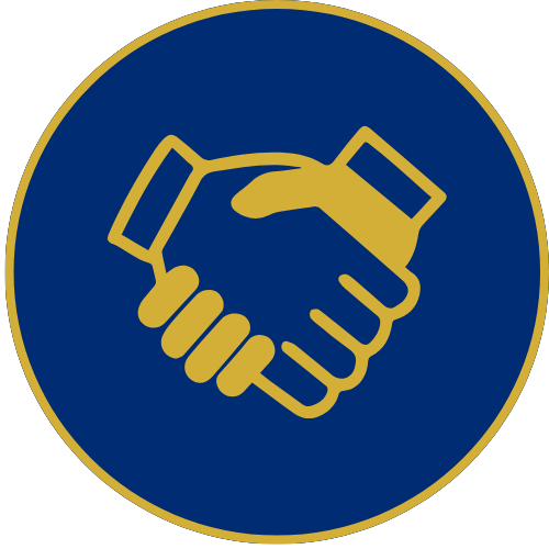Yellow handshake icon on a blue circular sign with a gold border