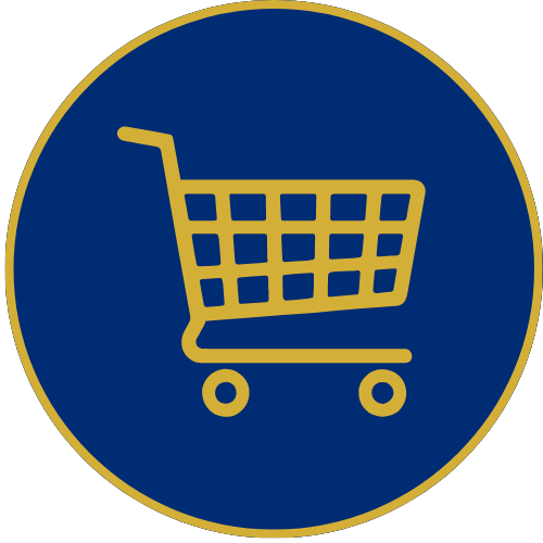 Yellow shopping cart icon on a blue circular background with a gold border