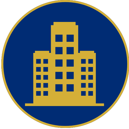 Blue circular icon with a gold building silhouette and border