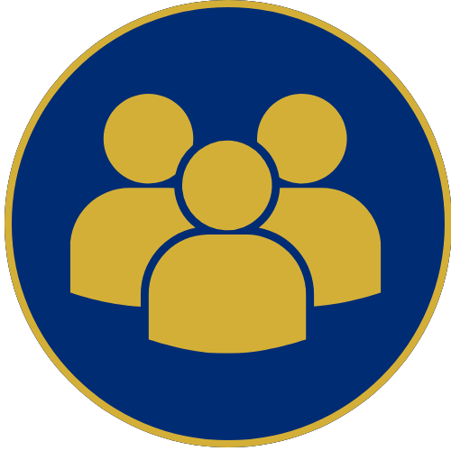 Three gold people icons on a blue circle with a gold border