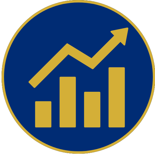 Blue circle icon with yellow rising bar chart and upward arrow, symbolizing growth or success