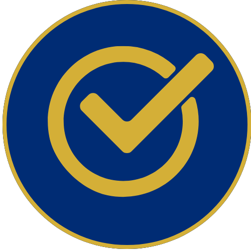 Blue circular icon with yellow checkmark and ring border