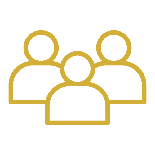 Three stylized gold outlined people icons grouped together on a white background