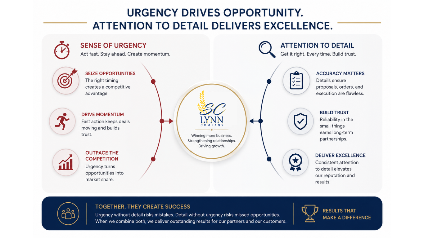 Infographic titled “Urgency drives opportunity,” with red and blue icons and text around a central logo.