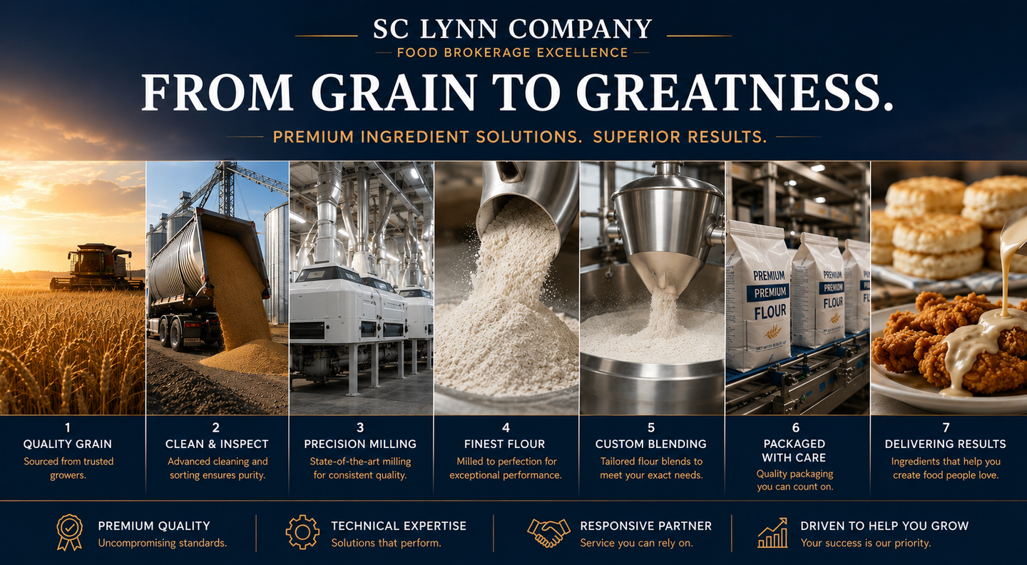 Industrial grain-processing banner with silo, mill, flour, wheat, equipment & fresh baked goods with “From Grain to Greatness”