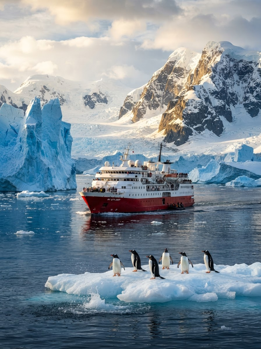 Red expedition ship near penguins on icy Antarctic water with towering glaciers and mountains