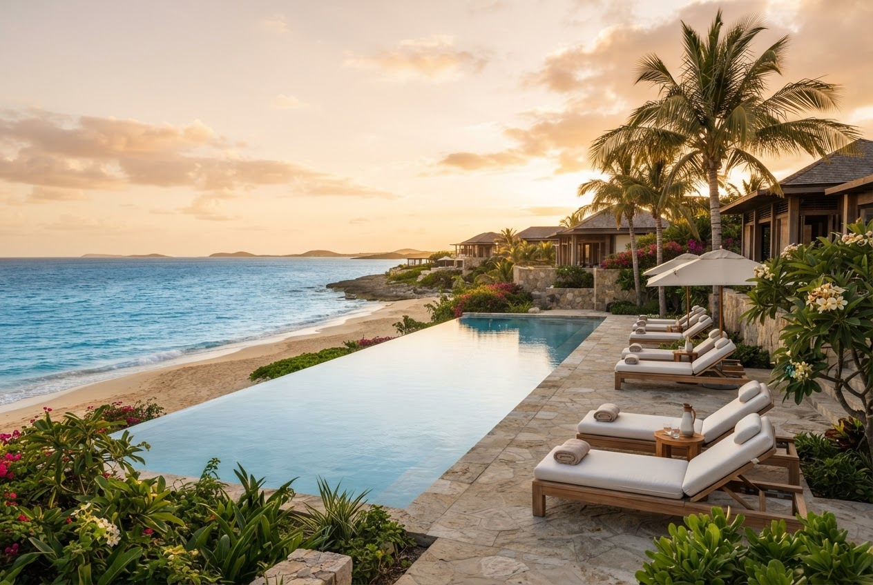 Luxury beachfront resort pool beside the ocean at sunset, with lounge chairs and palm trees