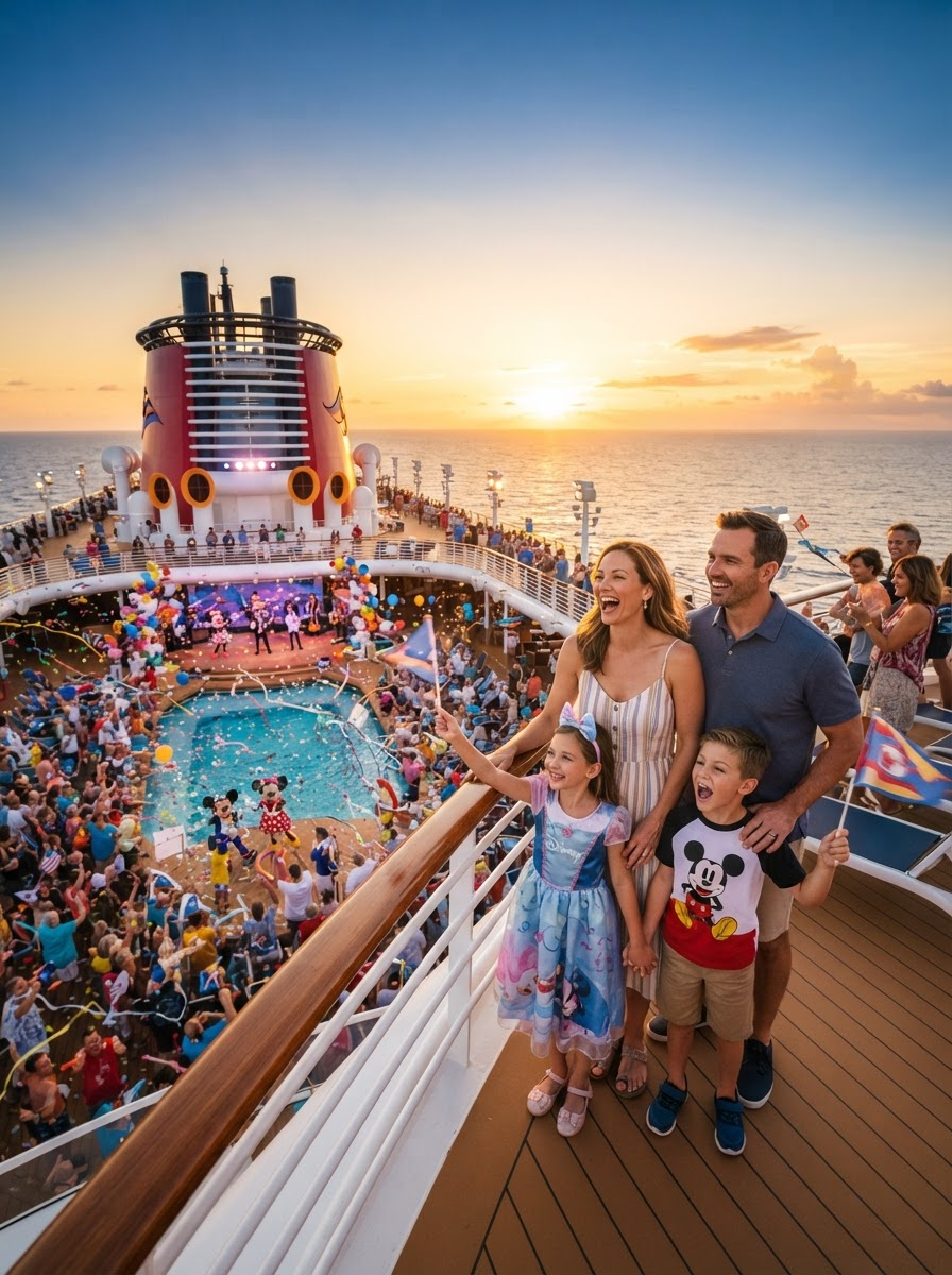 Family on cruise ship deck overlooking crowded pool at sunset