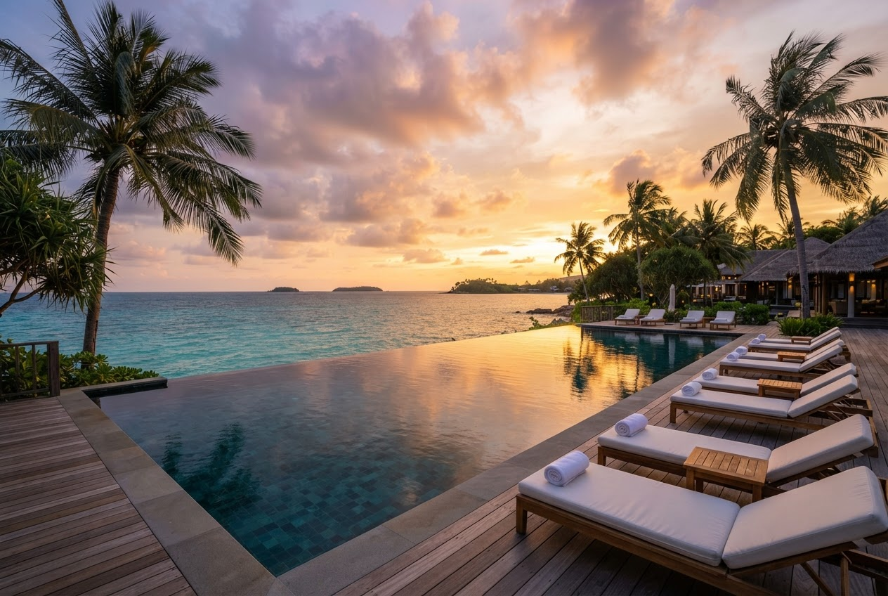 Infinity pool overlooking a tropical beach at sunset, with lounge chairs and palm trees.