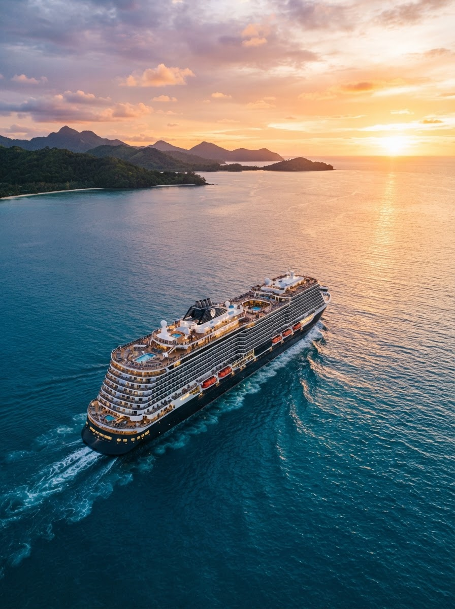 Cruise ship sailing on calm blue water at sunset near a mountainous coastline