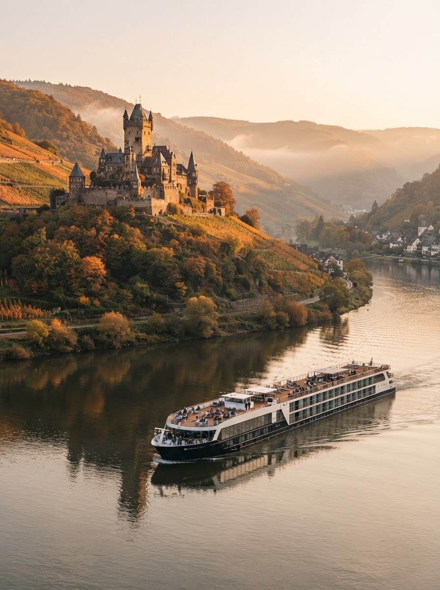 River cruise boat below a castle on a hill at sunset, with autumn-colored trees lining the water