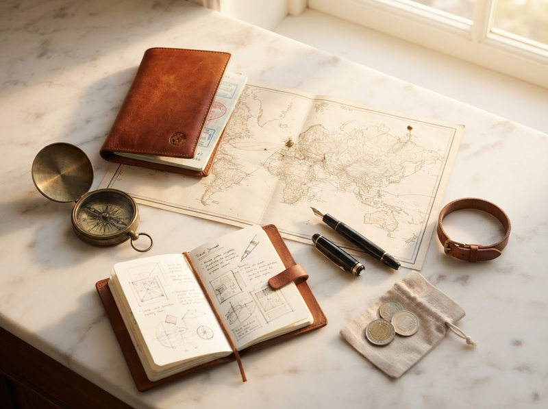 Mapmaking tools on a desk: notebook, compass, map, pens, and leather journal by a sunlit window
