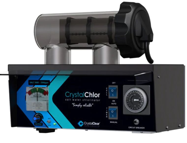 CrystalChlor salt water chlorinator, black and blue control panel, clear cylinder, timer and gauge. — Tweed Pool Shop in Tweed Heads South, NSW
