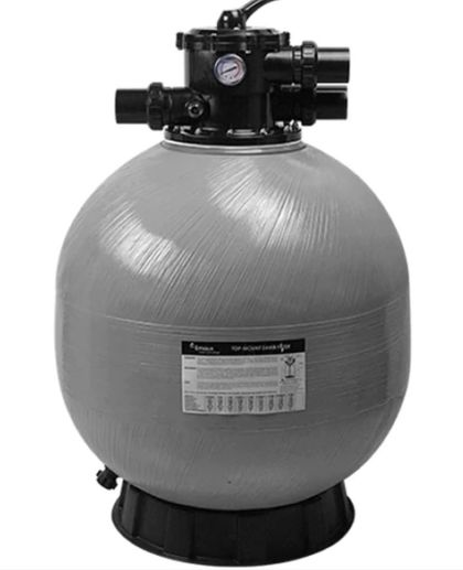 Gray sand filter for a swimming pool with black components and pressure gauge. — Tweed Pool Shop in Tweed Heads South, NSW