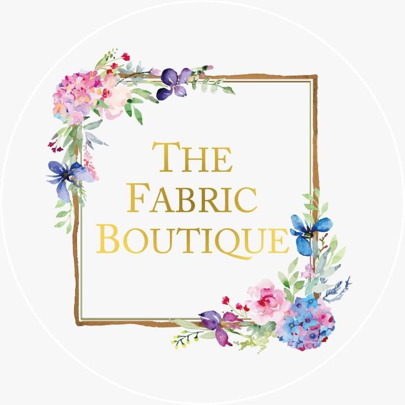 A logo for the fabric boutique with flowers in a square frame.