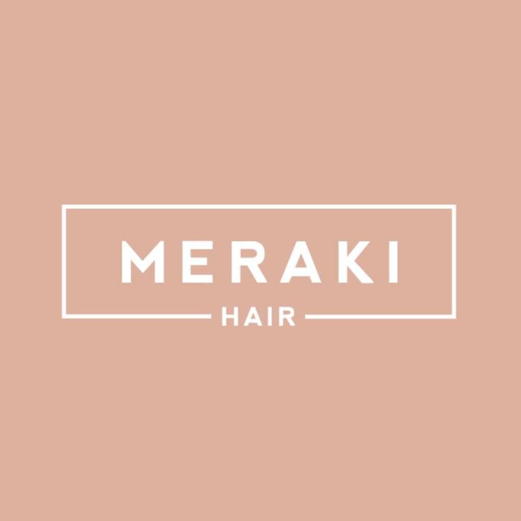 A logo for meraki hair on a pink background.