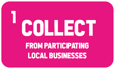 A pink sign that says collect from participating local businesses
