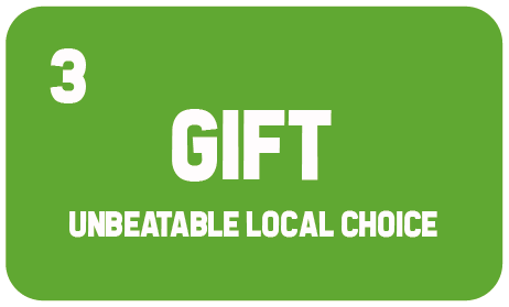 A green sign that says `` gift unbeatable local choice ''.