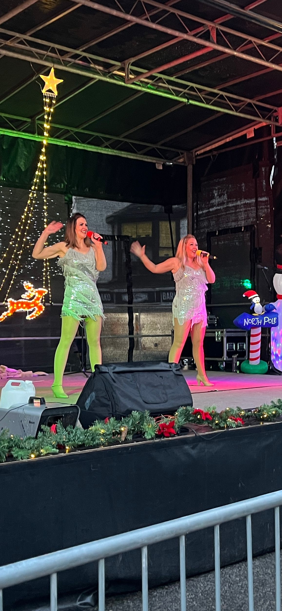 Two women are singing into microphones on a stage.