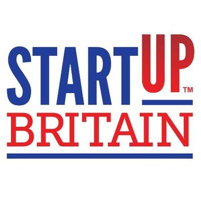 The logo for startup britain is blue and red