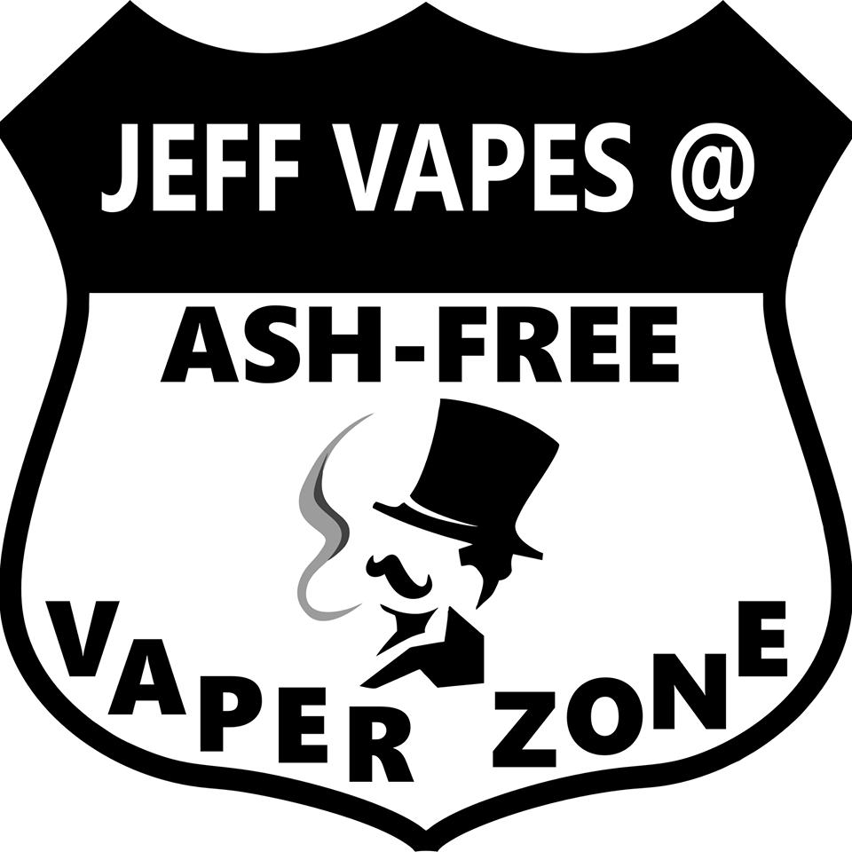 A black and white logo for jeff vapes @ ash-free vaper zone