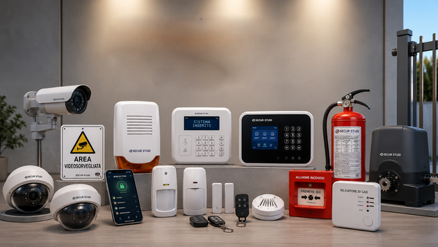 Vari dispositivi di sicurezza e per la casa intelligente, tra cui telecamere, sensori, pannello di allarme ed estintore, disposti su un tavolo.