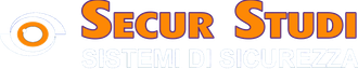 Logo arancione e grigio “SECUR STUDI” con icona a forma di occhio e slogan “TOTAL SECURITY”