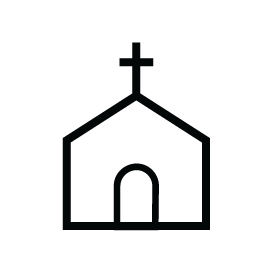 Black church icon with a cross on top and an arched doorway