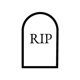 Black tombstone icon with the letters “RIP” on a white background
