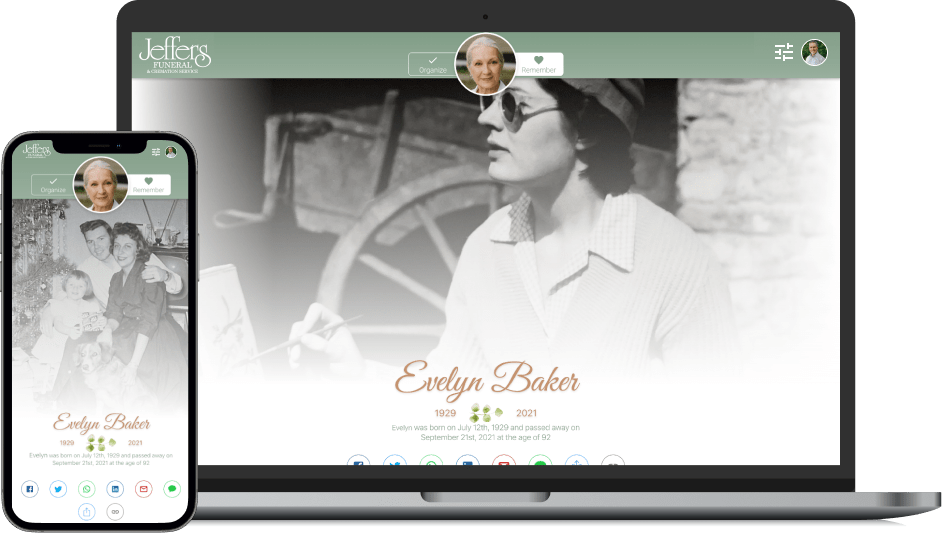 Website mockup shown on laptop and phone, featuring a black-and-white portrait with a green header.