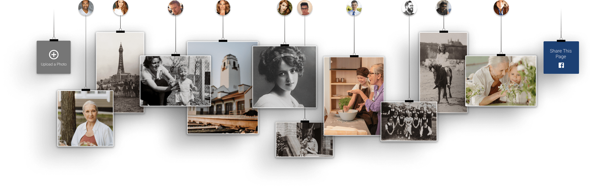 A collage of hanging photos and small framed images on a white wall, showing varied people and scenes.