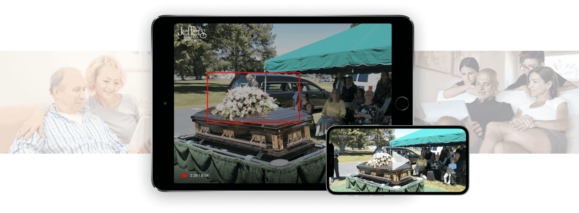 Tablet and phone displaying a garden landscape with flowers and a pond, with faded family photos in the background