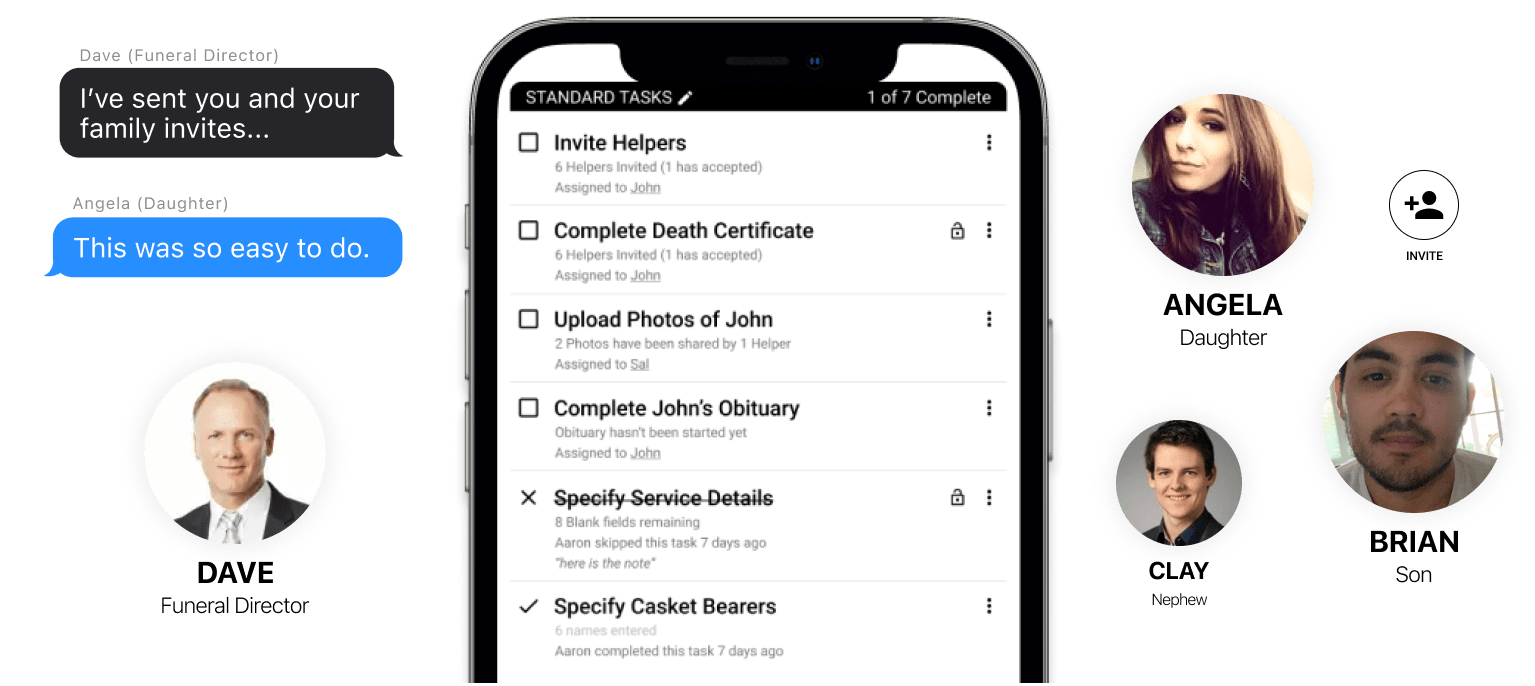 Collage of a mobile app chat, contact list, and profile cards with headshots on a light background