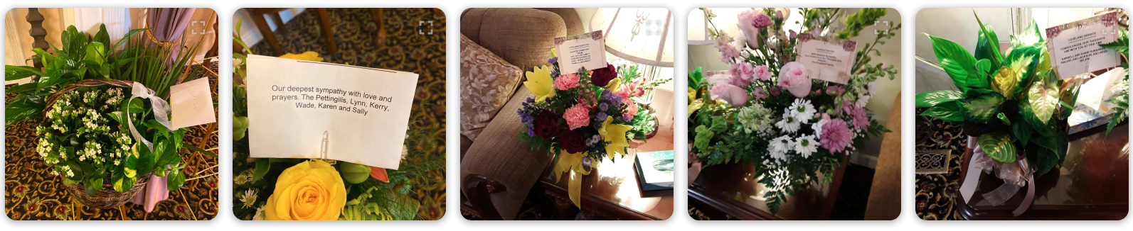 Collage of flower arrangements and bouquets in pink, purple, and green tones on display tables and in baskets