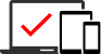 Red checkmark beside black outlines of a desktop monitor, tablet, and phone on white background