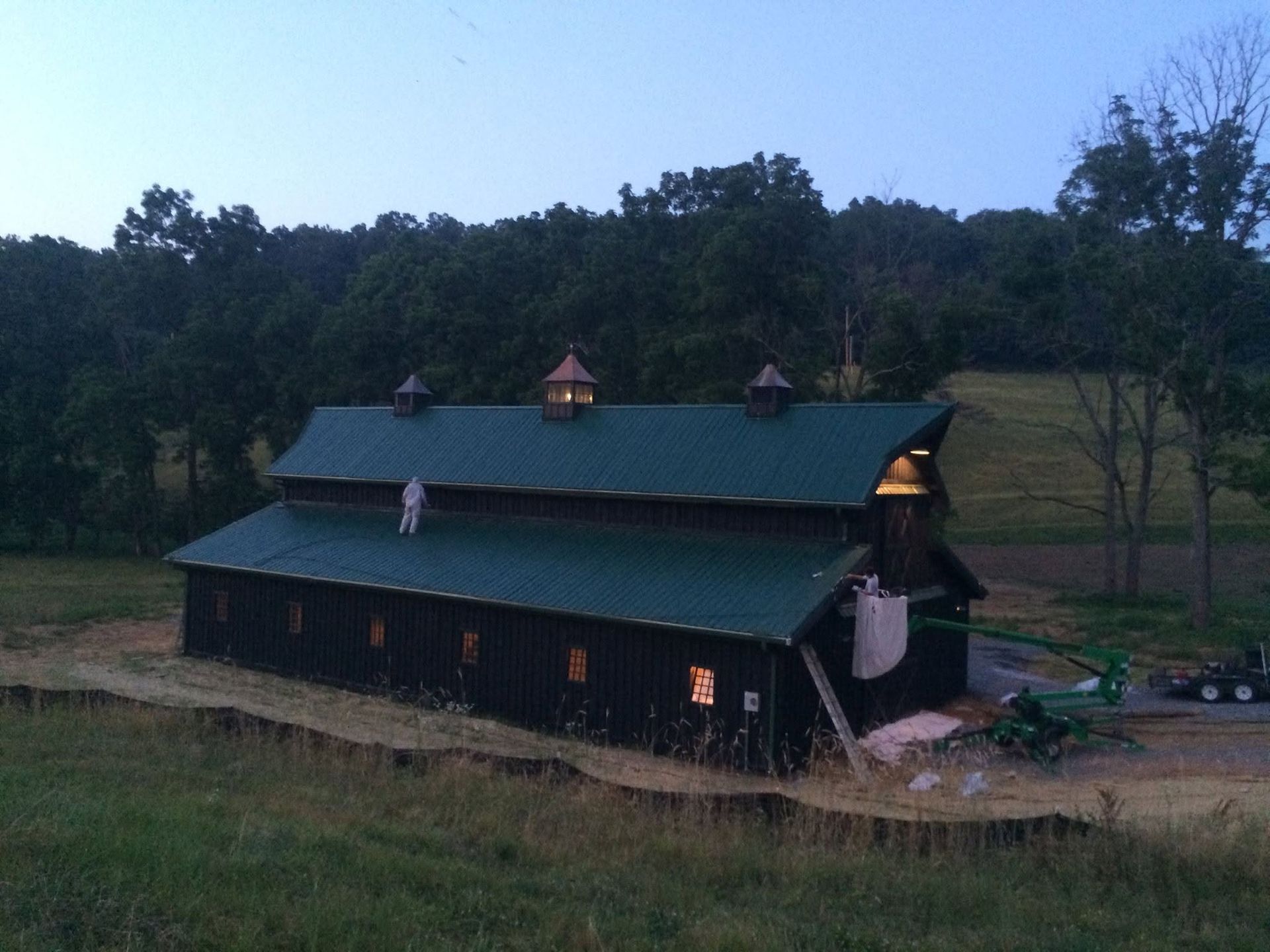 Dark barn with green roof on a grassy hillside at dusk, surrounded by trees