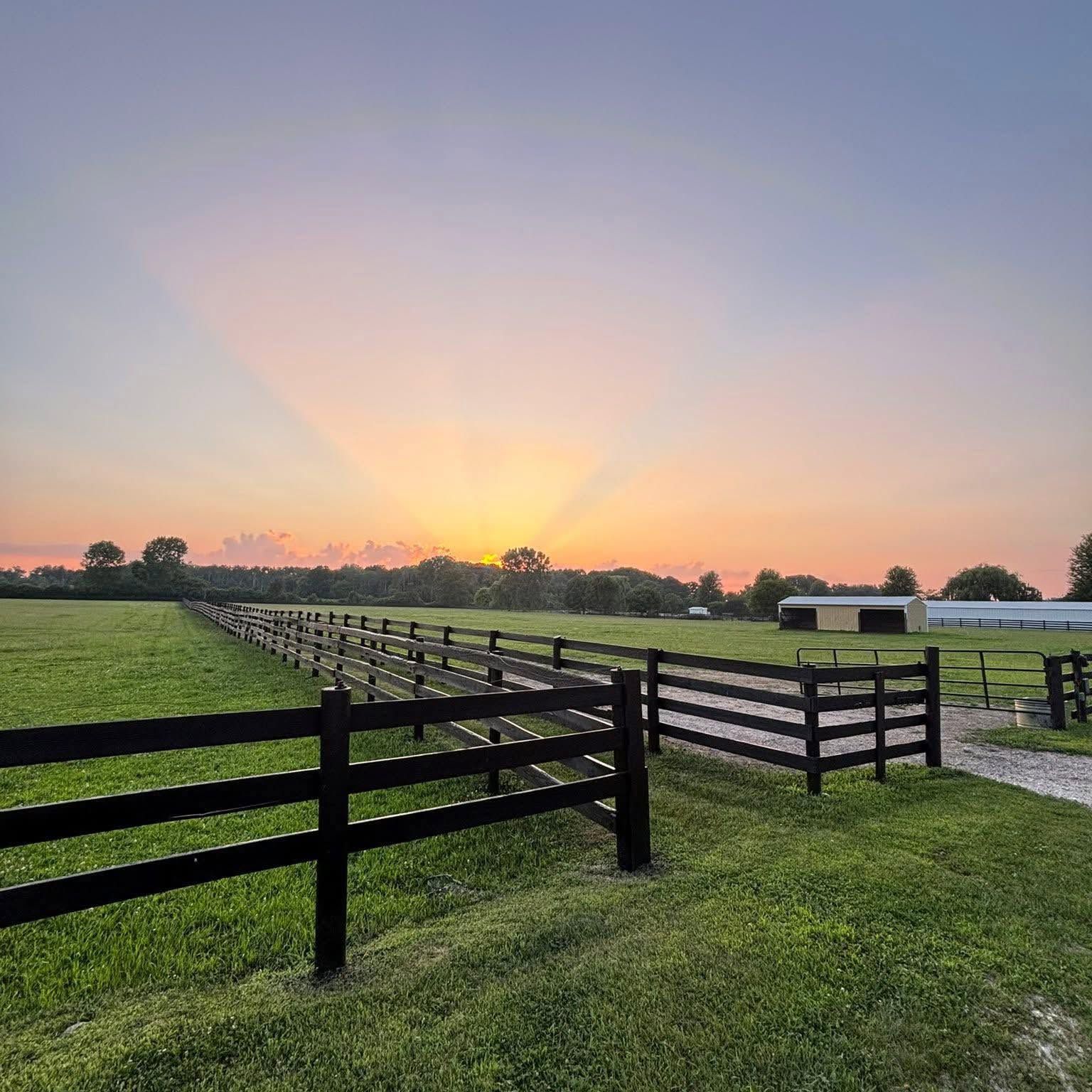 Sunset over a grassy farm with black fences and a small white barn in the distance