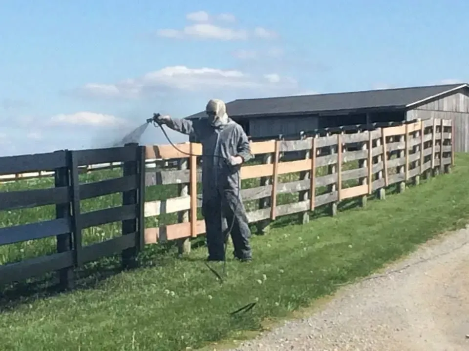 Person spraying a wooden fence along a grassy roadside under a blue sky