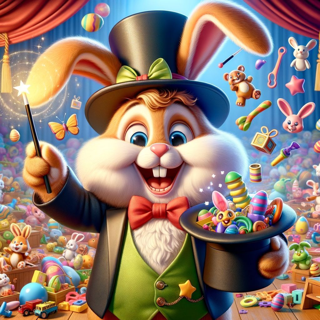 A bunny is holding a top hat and a bowl of candy.